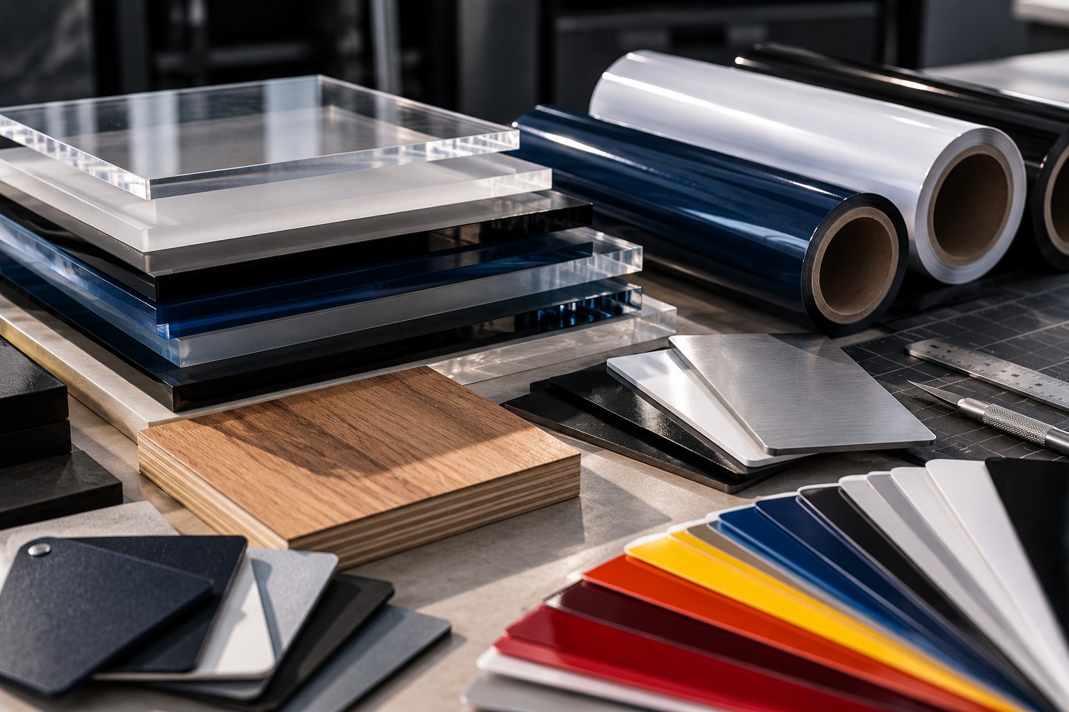 Acrylic, wood, vinyl and material samples for custom fabrication