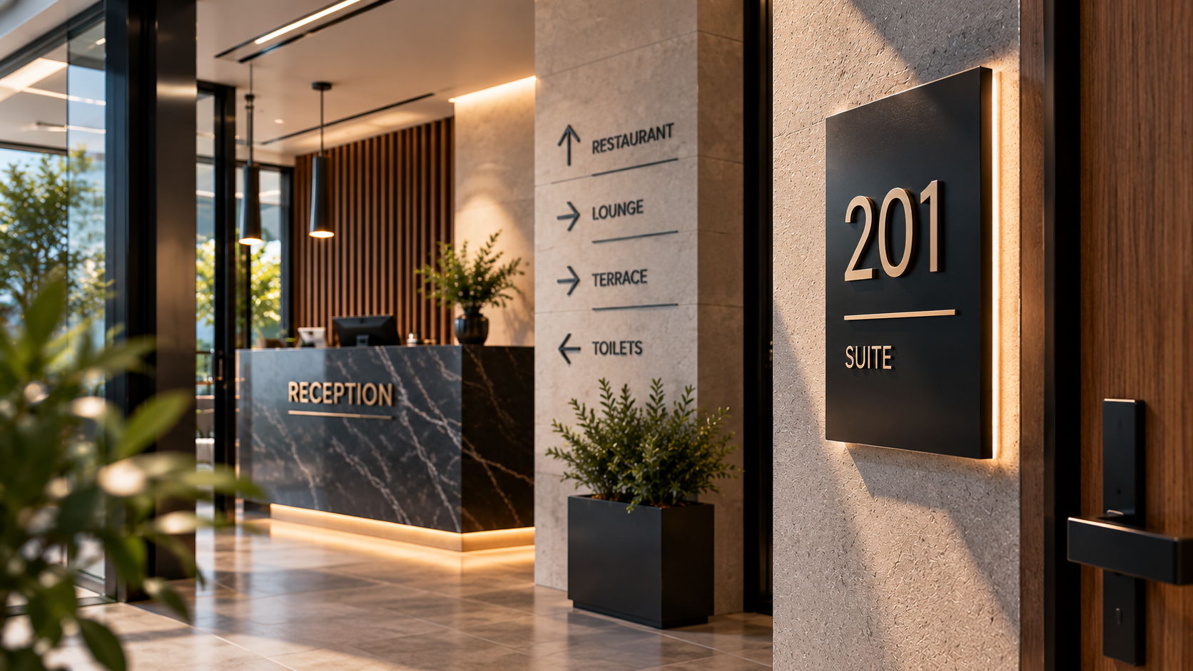 Identification and wayfinding integrated into a modern commercial environment