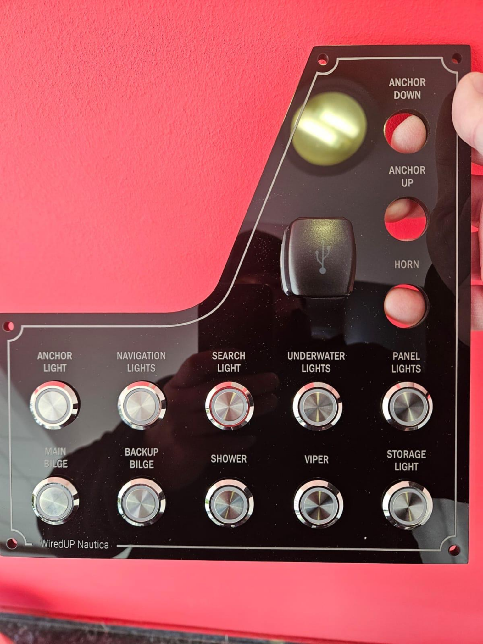 Detailed marine control panel with labelled controls