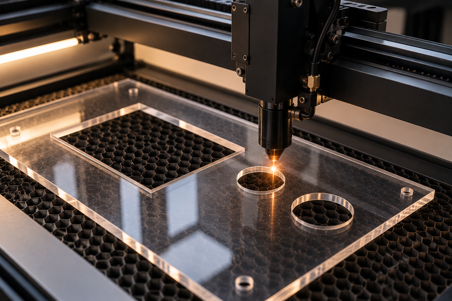 Laser cutting clear acrylic in a precision fabrication workshop