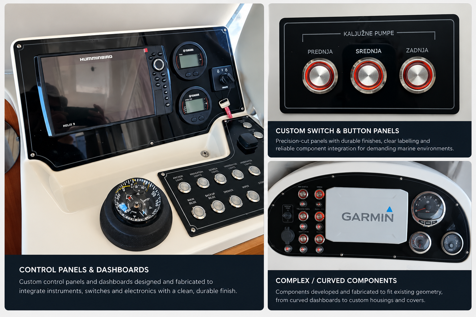 Control panels, switch panels and curved marine components fabricated by RAYA
