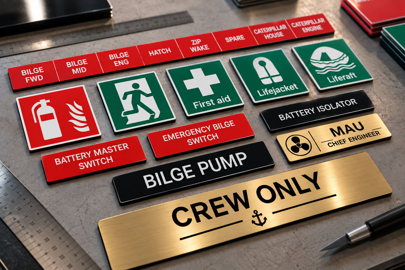 Technical identification labels in red, green, black and metallic finishes